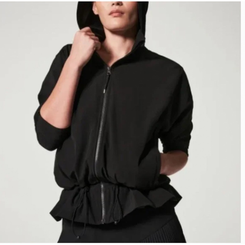 SPANX Its a Cinch Jacket Black Full Zip Hooded Drawstring‎ Waist M